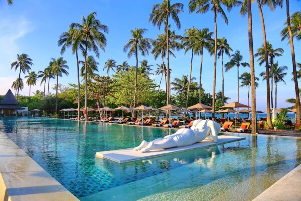 Emerald Cove swimmingpool omgivet af palmer og liggestole