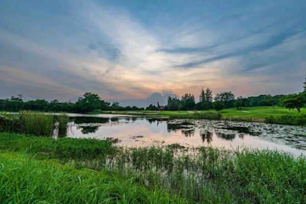 Banyan Golf Club Hua Hin solnedgang, dam med græs og træer
