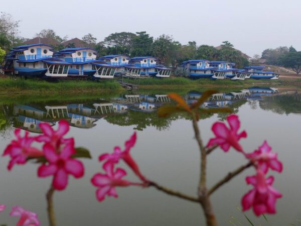 Blå huse ved en dam med lyserøde blomster på Blue Sapphire resort