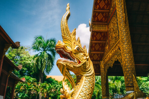 Fotografi af gylden drage-statue ved bygning i Thailand