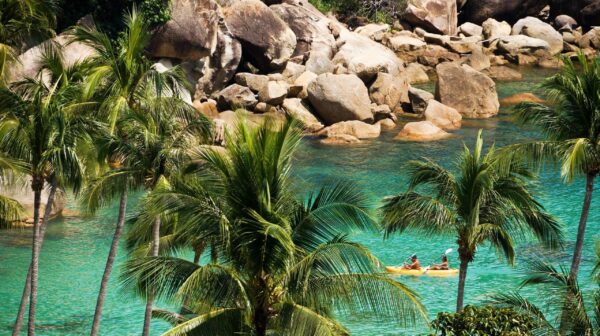Kajakaktiviteter ved Banyan Tree Samui nær palmetræer