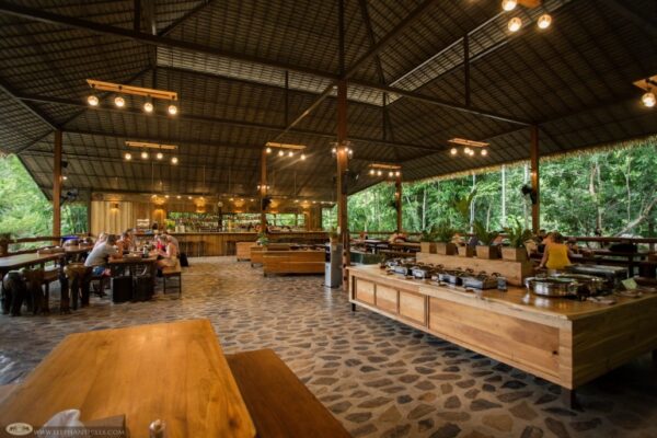 Restaurant indrettet med borde og stole omgivet af frodig junglegrønt