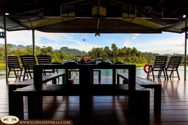 Træbord og stole på en terrasse med udsigt over en sø