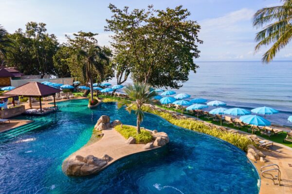 Søgning efter Kacha Resort swimmingpool med blå paraplyer og palmetræer