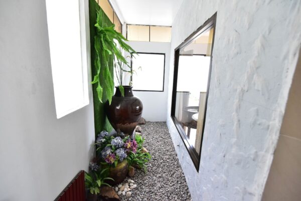Koh Hai Fantasy Resort indretning, gang med grønne potteplanter og spejl