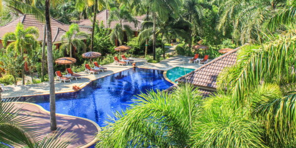 Resortspool omgivet af palmer fra luften