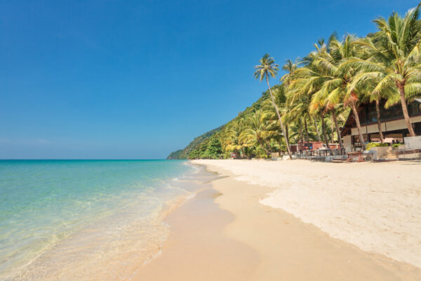 Find et familievenligt strandresort omgivet af palmetræer og klart vand på Koh Chang Paradise Resort.