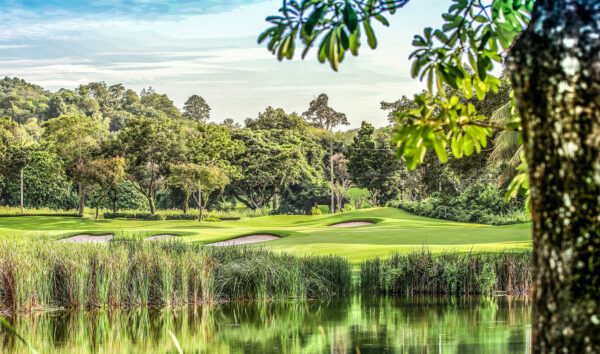 Laem Chabang International Country Club, træ-omgivet golfbane med siv på thailandsk resort