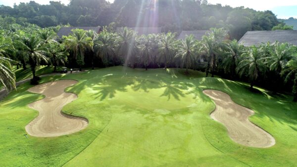 Luft Loch Palm Golf Club i Phuket med omgivende palmer