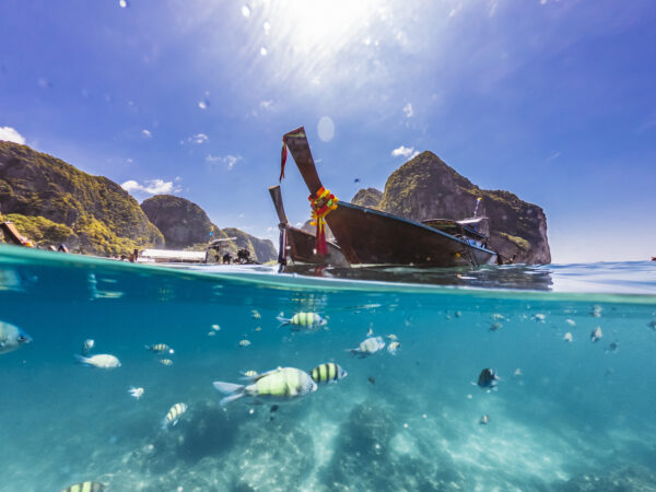 Tur til Phi Phi øerne i Thailand: Oplev det smukke klare vand, de hvide sandstrande og den frodige grønne vegetation. Perfekt destination