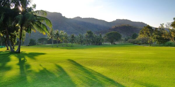 Palm Hills Golf Club i Hua Hin tilbyder et malerisk landskab med palmetræer og bjerge, der fremhæver områdets naturlige skønhed. Billedet