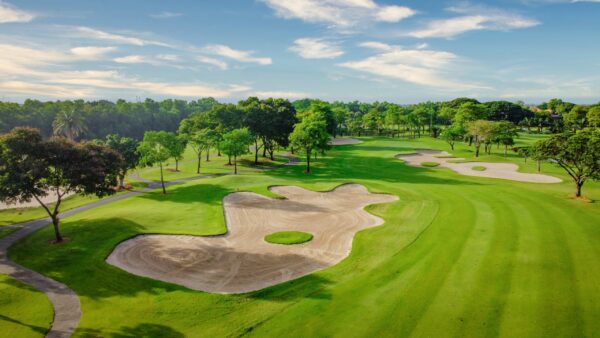 Luksuriøs golfbane med sandbunkere, træer og frodige grønne marker på en fredelig country club