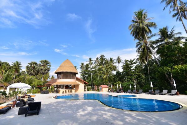 Swimmingpool med liggestole, parasoller og strandbar omgivet af palmer på Sivalai Beach Resort under blå himmel.