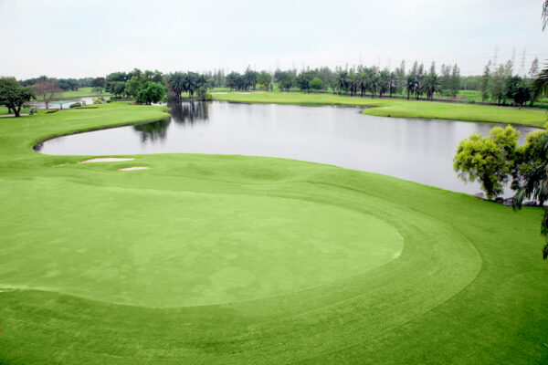Billeder af grøn golfbane i Windsor Park Bangkok med vandpyt
