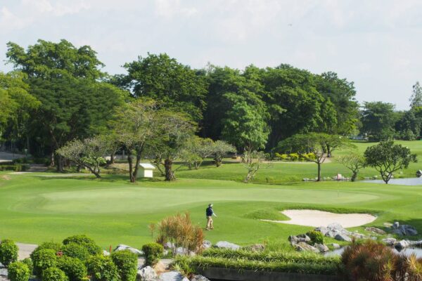 Mand spiller golf på en solskinsdag på Windsor Park Golf Club i Bangkok, grønne græsplæner og træer synlige i baggrunden