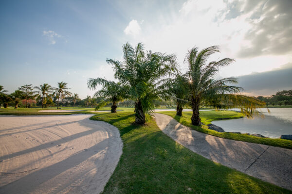 Find et Golf Club i Windsor Park, Bangkok omgivet af palmetræer og sand.