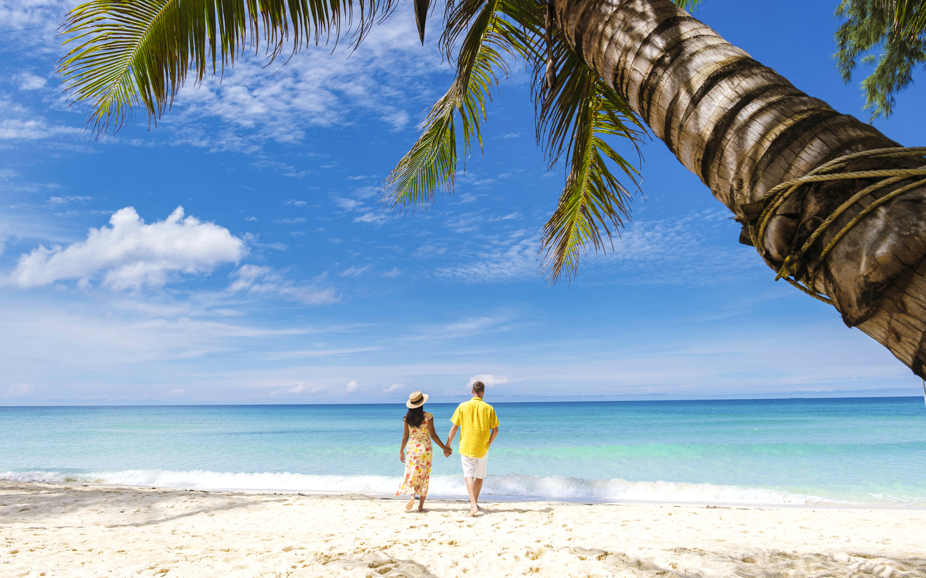 Par der går langs stranden under palmetræ i Thailand