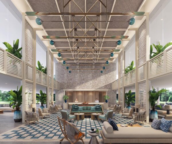 Interiør fra lobbyen på Holiday Inn Resort Krabi, Ao Nang Beach. Billedet viser vores modtagelsesområde med komfortable siddepladser,